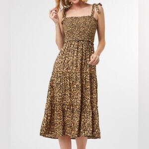 Entro Smocked Tiered Leopard Midi Dress